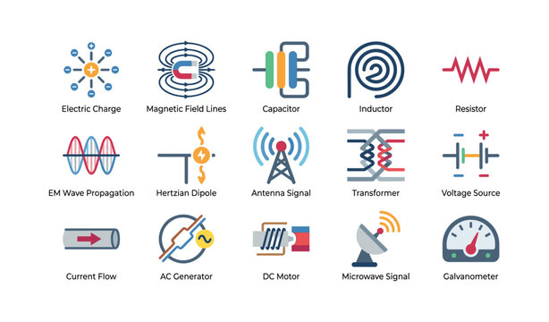 Electrical icons illustrating circuit and em concepts on white