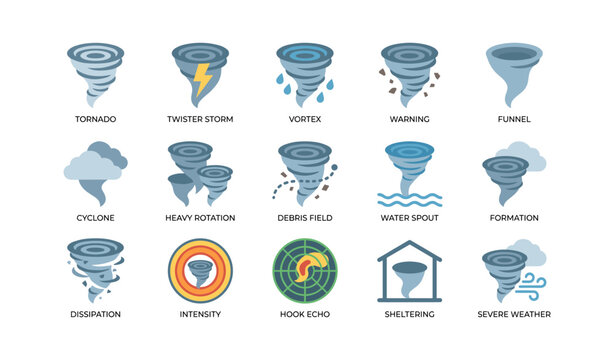 Set of tornado and vortex icons showing storm symbols