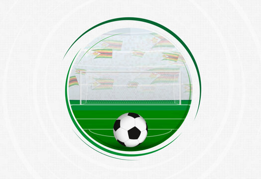 Zimbabwe football fan celebration scene featuring a soccer ball, goal net, and waving national flags in a stadium.