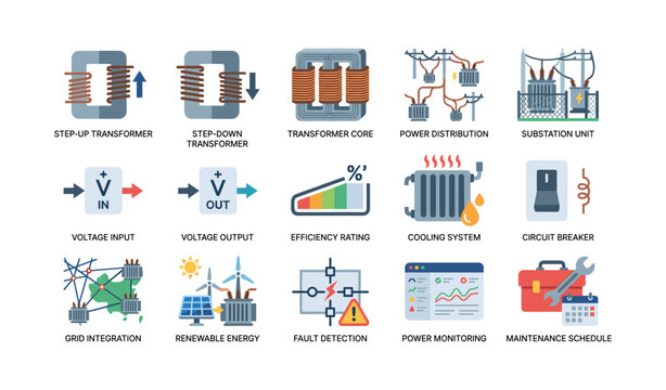 Power transformer icons showing distribution and grid on white