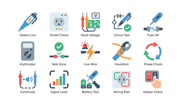 Electrical testing and safety tool icons shown in grid on white