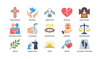 Fototapeta premium Religious icons representing forgiveness and healing in grid