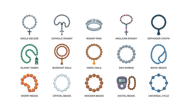 Collection of prayer beads and malas displayed in grid
