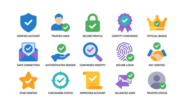 Security icons with verification badges and checkmarks on white