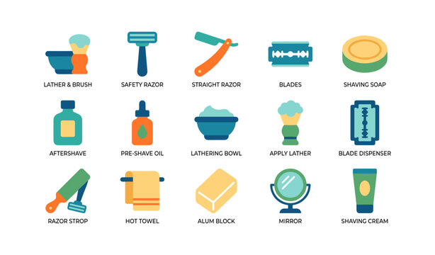 Shaving and grooming icons showing razors and accessories on white