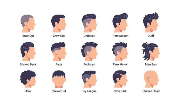 Men hairstyle icons showing various cuts on white background