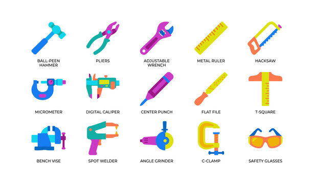 Assortment of workshop tool icons arranged in grid on white