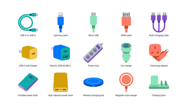 Charging cables and power accessories arranged on white background