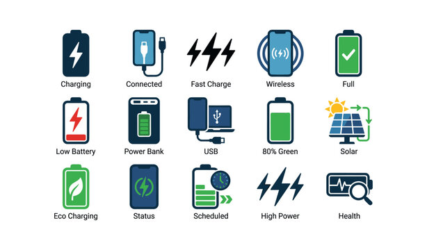 Battery charging icons showing multiple statuses on white background