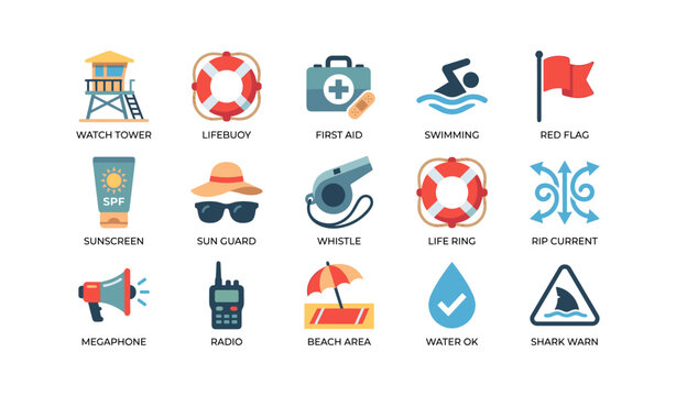 Beach safety icons showing equipment and warning signs