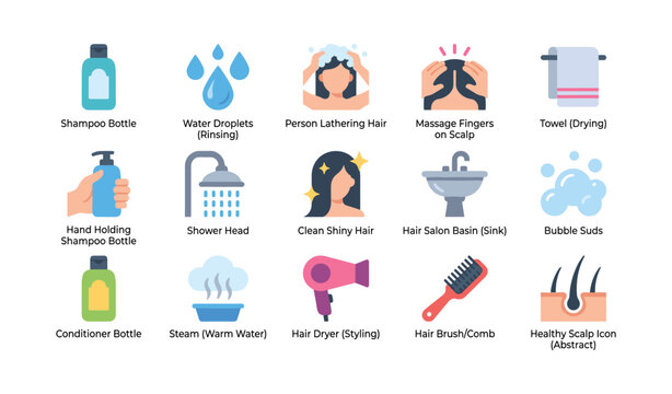 Hair care and salon icons showing grooming tools and steps
