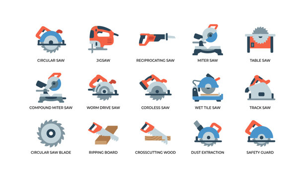 Various saw and cutting tool icons arranged on white background