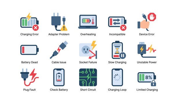 Battery and charging error icons displayed in grid layout