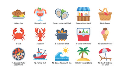 Naklejka premium Seafood and beach food icons arranged in a grid layout