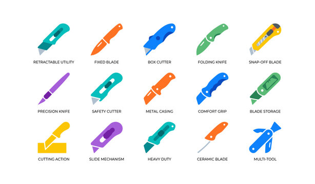 Cutting tool and utility knife icons arranged on white background