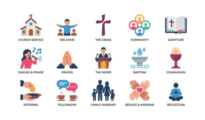 Fototapeta premium Church service icons representing worship events on white background