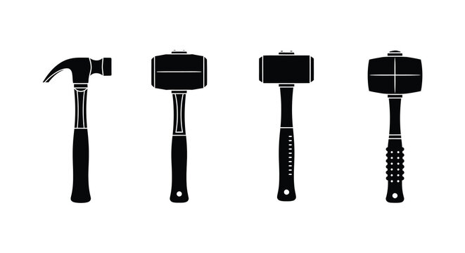 Four different hammers shown in a striking black silhouette