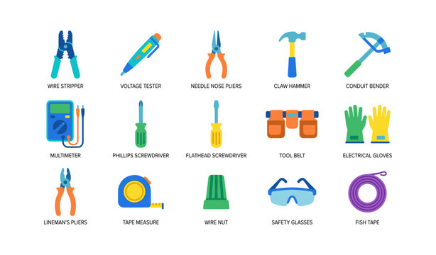 Electrical tools and safety icons arranged on white background