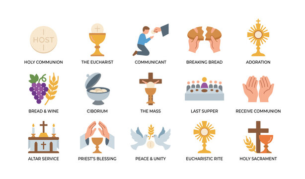 Communion and eucharist icons depicting sacrament symbols
