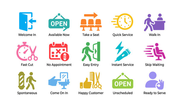 Service and waiting icons showing walk in availability on white