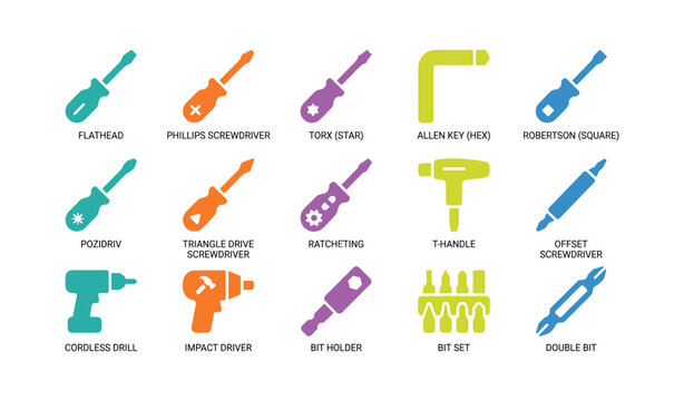 Hand tool icons showing screwdrivers and drills on white background
