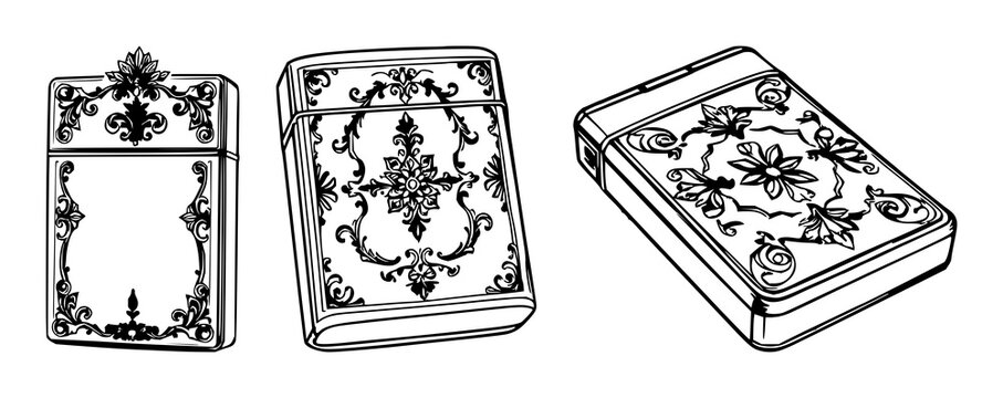 Black line art, white background: ornate silver cigarette case set with simple line art design featuring line art, illustrations, graphic resources with vector and design elements