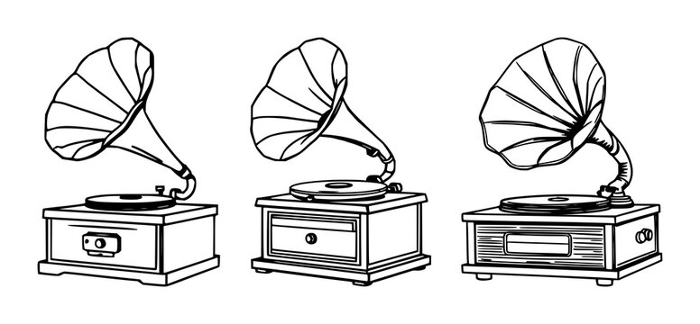 Black line art, white background: vintage gramophone with horn set with simple line art design featuring line art, illustrations, graphic resources with vector and design elements