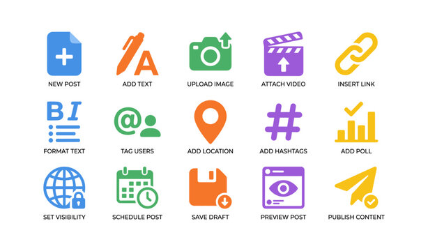 Social media posting icons arranged in grid on white background