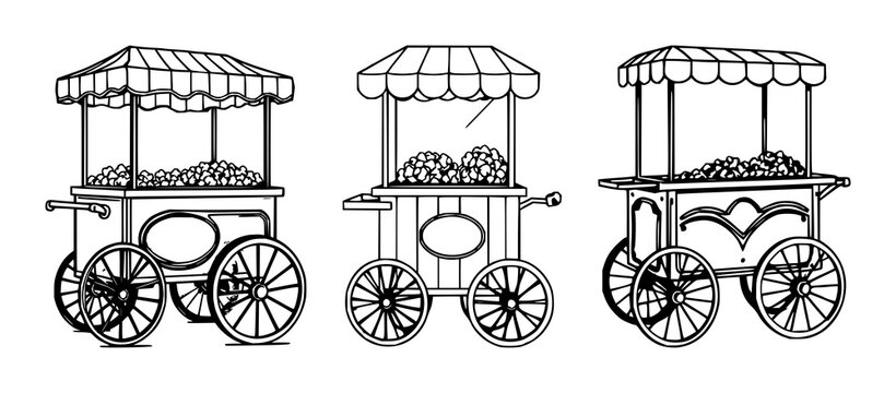 Popcorn cart set with retro line art design on white background featuring classic design, retro style, popcorn with ticket machine and silhouette