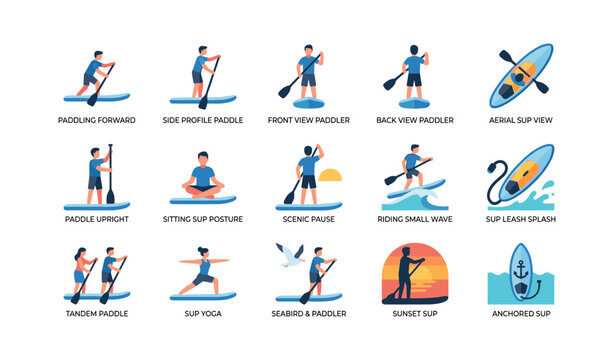 Paddleboarding icons showing various sup postures and actions