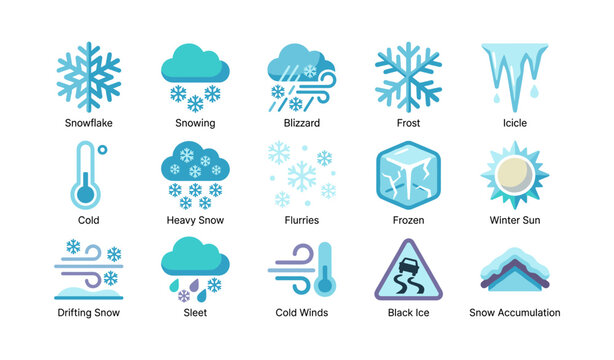Winter weather icons showing snow and cold symbols on white background