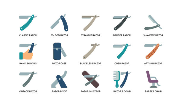 Straight razor and barber tool icons displayed on white background