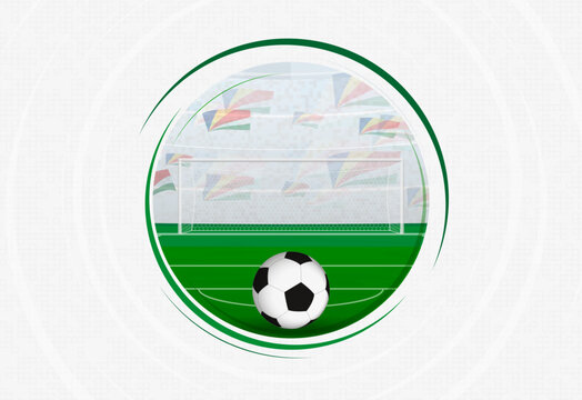 Seychelles football fan celebration scene featuring a soccer ball, goal net, and waving national flags in a stadium.