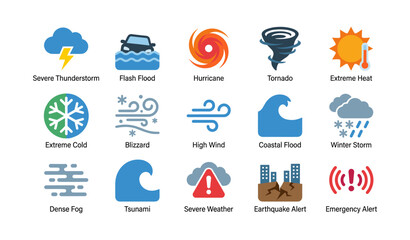 Fototapeta premium Weather hazard and emergency icons arranged on white background