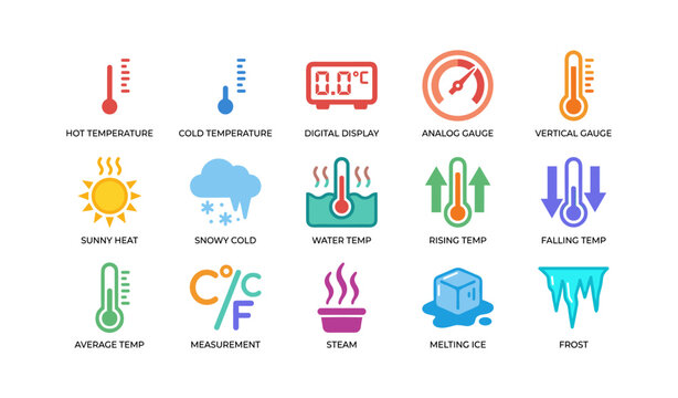 Temperature and gauge icons set showing heat and cold symbols