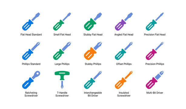 Screwdriver icons showing tip types and handle styles on white
