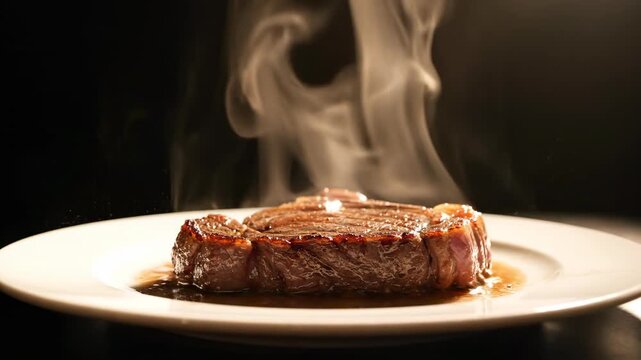 A freshly cooked steak on a white plate, releasing steam, perfect for food blogs and restaurant menus