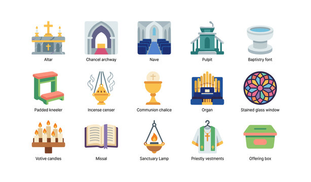 Church interior and liturgical icons arranged on white background