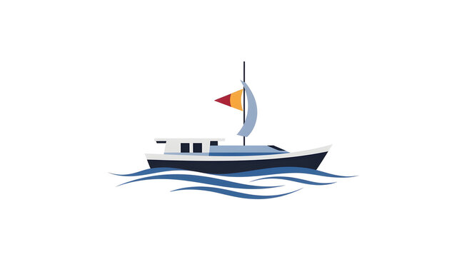 Modern sailboat cruising on calm ocean waves with a triangular flag flying at the stern in a minimalist style