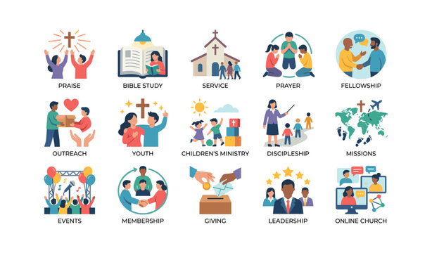 Church icons representing activities and ministries in grid