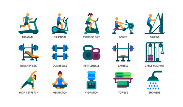 Gym equipment icons showing workout machines in grid layout