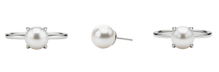 Single Elegant White Pearl Stud Earring with Silver Post Isolated on White Background, Classic...