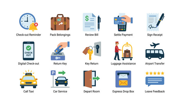 Check-out and departure icons showing hotel exit tasks in grid