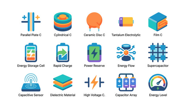 Capacitor and energy icons arranged in labeled grid on white