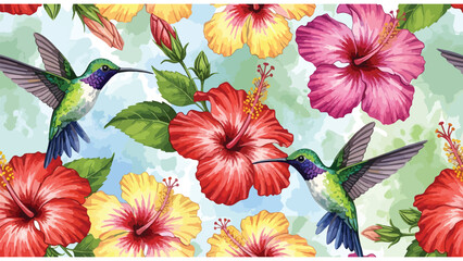 Vibrant Tropical Hummingbird & Hibiscus Pattern   Seamless Floral Art Design © Mucher