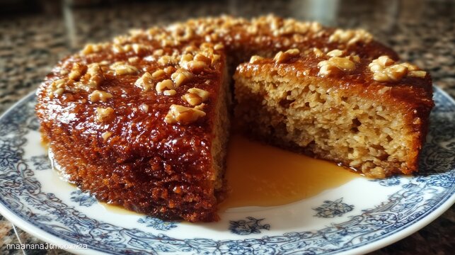 homemade walnut syrup cake slice on marble kitchen counter casual food photo