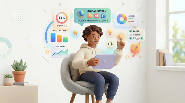 Smiling student using tablet with gamified learning dashboard for science and history