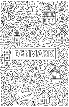 Denmark hand drawn vector illustration doodle art line art coloring page for kids