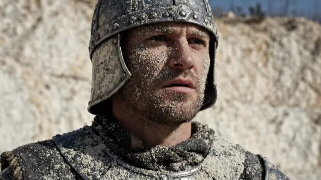 Close detail of medieval soldier armor covered with mud, cracked riveted breastplate, rough gloves, dust, scraped metal, torn cloth, gritty texture and battle damage in harsh sunlight closeup