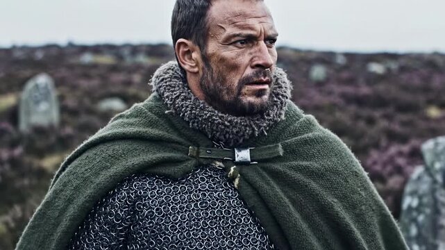 Close cropped medieval soldier chainmail with green cloak and blurred shield behind, textured armor study from a cold historical battlefield with rugged fabric folds and iron rings fine detail
